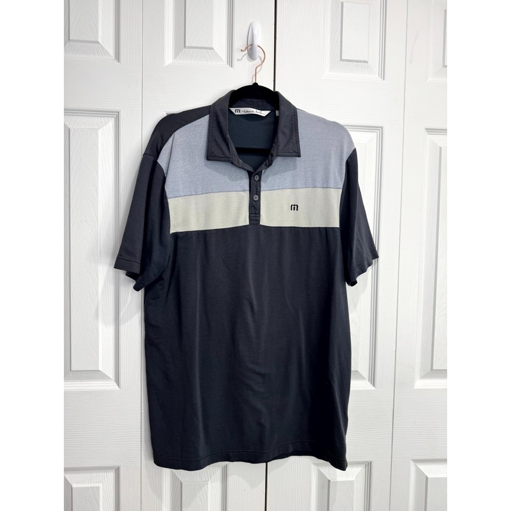 Travismathew Polo Shirt Men's Medium Black Gray Colorblock Stretch Performance